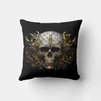 Intricate Gold Smiling Tribal Skull Throw Pillow