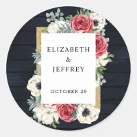 Rustic Wood Navy Burgundy Gold Floral Wedding Classic Round Sticker