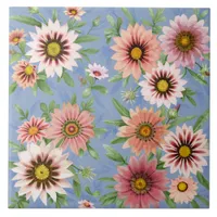 Pink African Gazania Daisies Floral Botanical Art Ceramic Tile