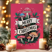 Whimsical Mushroom Merry Christmas Pink Holiday Card