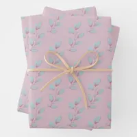 Elegant Pastel Pink & Blue Watercolor Leaves Wrapping Paper Sheets