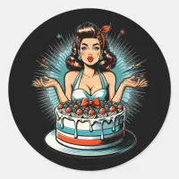 Retro Pinup Birthday Woman and Cake Classic Round Sticker