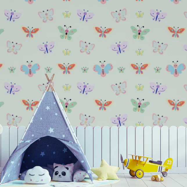 `Kids Colourful Butterfly Mint Green Wallpaper