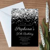 Sparkly Silver Glitter Black Elegant 50th Birthday Invitation