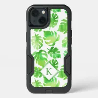Big Tropical Green Watercolor Leaves Monogram iPhone 13 Case