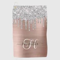 Monogrammed Rose Gold and Silver Dripping Glitter Golf Towel