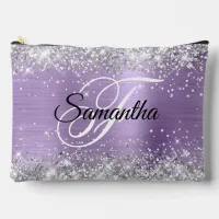 Silver Glitter Light Purple Foil Fancy Monogram Accessory Pouch