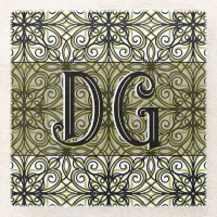 Olive and Black Filigree Patterned Glass Coaster