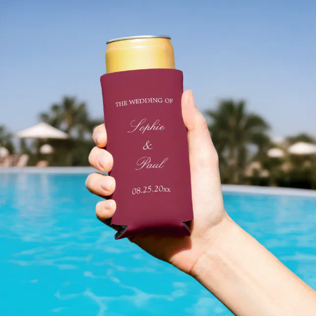 Elegant Burgundy Wedding Seltzer Can Cooler