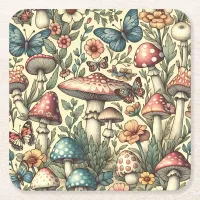 Vintage Mushrooms, Flowers, Butterflies Whimsical Square Paper Coaster