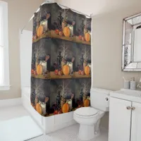 Autumn Decorations on Table, Pumpkin, Fruit, Drink Shower Curtain