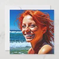 Pretty Red Haired Lady at Beach ai art Card