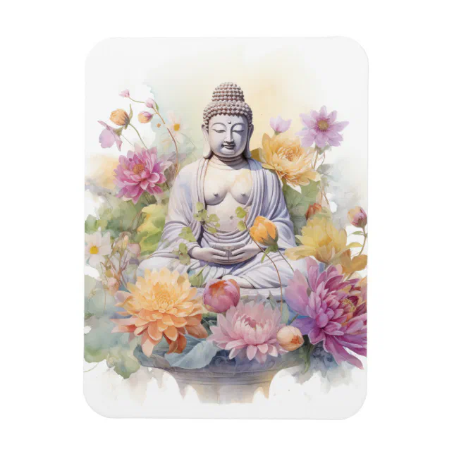 Watercolor Serene Buddha Pink Yellow Flowers Art Magnet