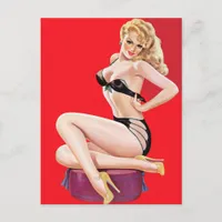 Vintage Pinup Beautiful Blond on Red Background Postcard