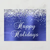 Happy Holidays Silver Glittery Faux Blue Foil Holiday Postcard