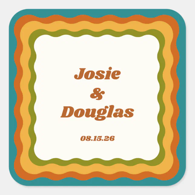 Wavy Border Retro 70s Vintage Aesthetic Wedding  Square Sticker