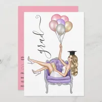  Pink and Purple Blonde Balloon Girl Graduation In Invitation