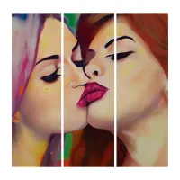 Watercolor Pride Two Women Share a Kiss Triptych