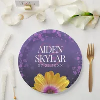 Elegant Golden Daisy with Purple Glitter Wedding Paper Plates