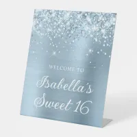 Glittery Dusty Blue Foil Sweet 16 Welcome Pedestal Sign