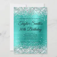 Silver Glitter Turquoise Monogram 30th Birthday Invitation