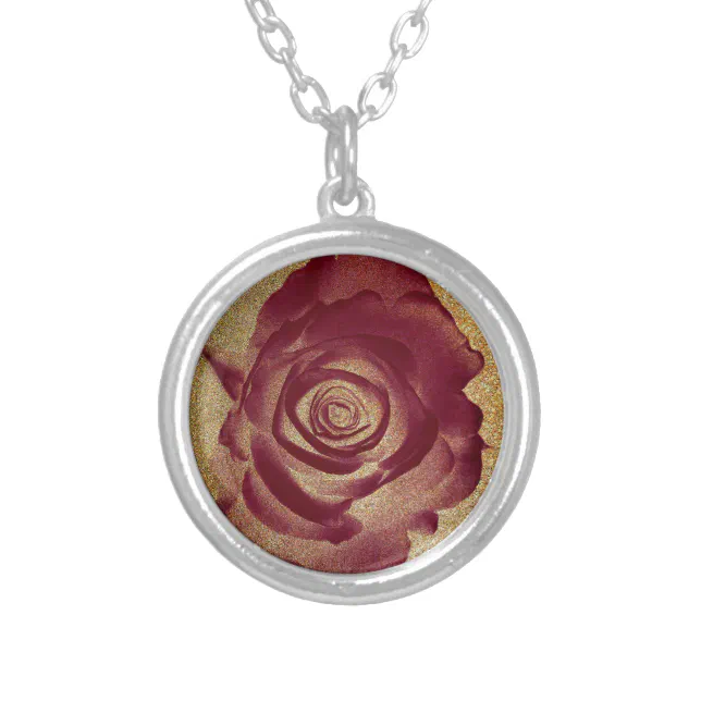 Beautiful burgundy roses shades on a sandy bg silver plated necklace