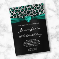 Black Silver Teal Green Leopard Foil 18th Birthday Invitation