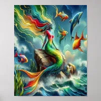 Colorful Mermaid Seated on Rocky Shore  8x10 Poster