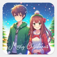 Cute Anime Couple | Merry Christmas  Square Sticker