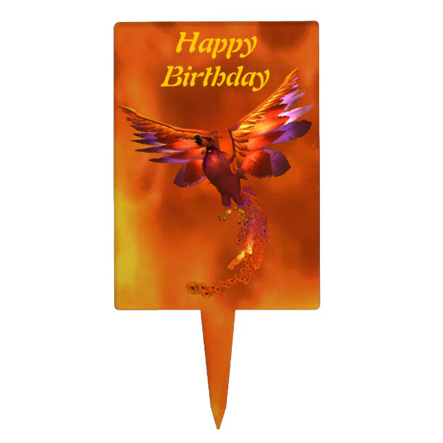 Colorful Phoenix Flying Against a Fiery Background Cake Topper