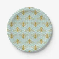 Golden Honey Bees on Teal Honeycomb Paper Plates