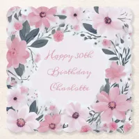 Happy Birthday Name Pastel Pink Flowers | Floral Paper Coaster
