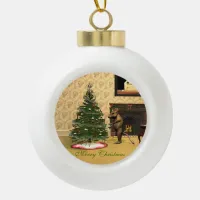 Cute Mouse Decorating a Christmas Tree Ceramic Ball Christmas Ornament