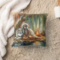 Native American Woman With Wolf by Tranquil Water Throw Pillow