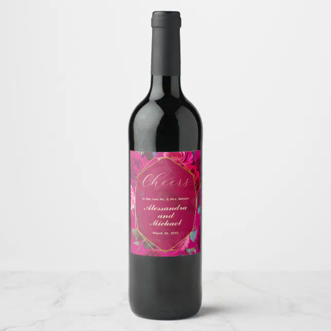 Pink Roses on Viva Magenta | Bridal Shower Wine Label