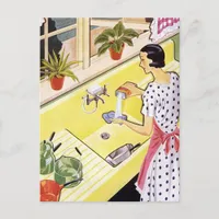 Retro Woman Washing Dishes Postcard