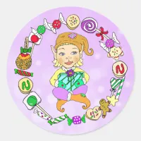 Hand drawn Festive Whimsical Christmas Elf & Candy Classic Round Sticker