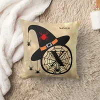 Monogram X Halloween Sky Witch Spiders Name Throw Pillow