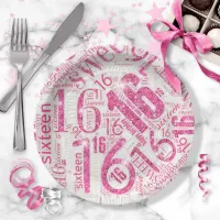 Sweet Sixteen Sparkle Word Cloud Pink ID265 Paper Plates