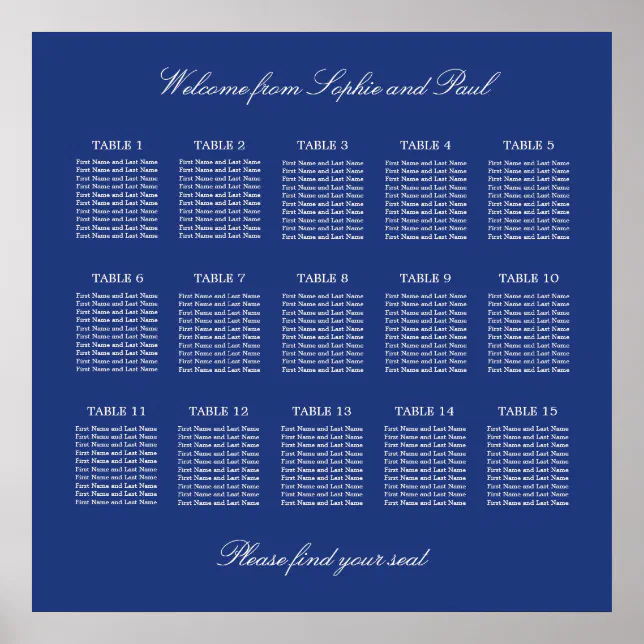 Dark Blue 15 Table Wedding Seating Chart Poster