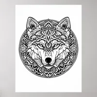 Black and White Wolf Coloring Book Style Poster