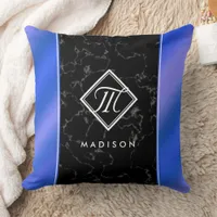 Elegant Black Marble & Royal Blue Foil Monogram Throw Pillow