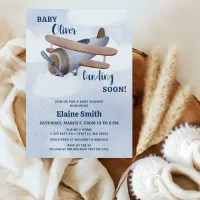 Landing Soon Blue Boy Airplane Baby Shower Invitation