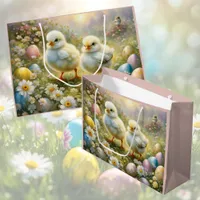 Cute chicks in a meadow with Easter eggs, vintage  Large Gift Bag