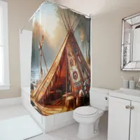 Tranquil native Indian teepee by a serene river Shower Curtain