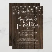 Rustic Wood String Lights Baptism 1st Birthday Invitation