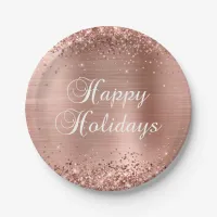 Glittery Rose Gold Foil Happy Holidays Paper Plates