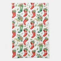 Green and Red Watercolor Christmas Stockings Kitchen Towel