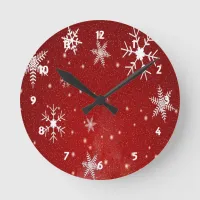 White Snowflakes with Red Background Round Clock