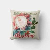 Red Poinsettia Mistletoe Baby Name Photo Christmas Throw Pillow